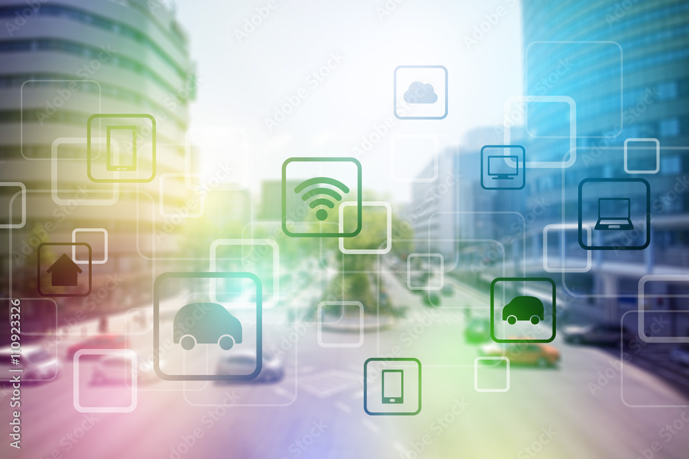 Poster smart city and vehicles, wireless communication network, internet of things (iot), abstract image vi
