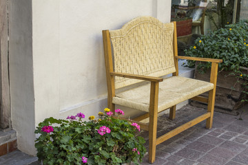 Outdoor patio seating with nice bench chairs at sunset