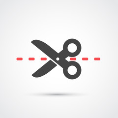 Scissors with cut line flat icon