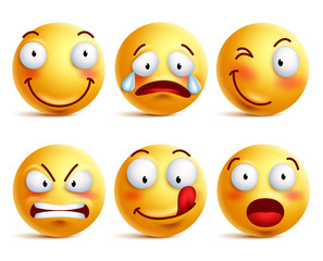 Naklejka premium Set of smiley face icons or yellow emoticons with different facial expressions in glossy 3D realistic isolated in white background. Vector illustration 