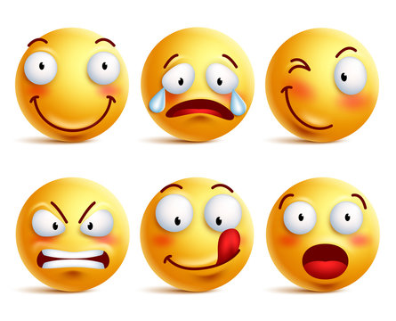 Set of smiley face icons or yellow emoticons with different facial expressions in glossy 3D realistic isolated in white background. Vector illustration

