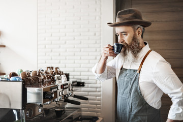 Owner Coffee Shop Man Drinking Coffee Concept
