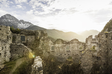 View of Ehrenberg castle ruins and mountains, Reutte, Tyrol, Austria