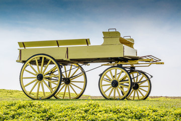 Fototapeta premium A uncovered wagon retro style in beautiful nature scene farmland