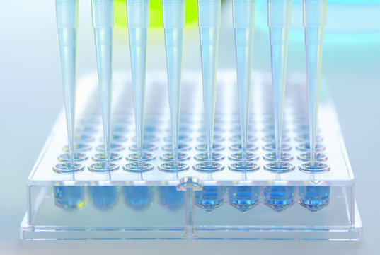 Multi pipette adding samples to multi well tray in a laboratory