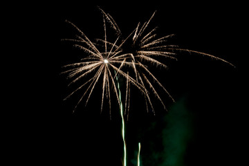 fireworks explode into green and yellow palms