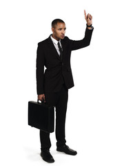 young businessman holding briefcase and gesturing.