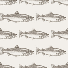 Hand drawn salmon fish seamless background. Vector illustration