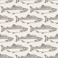 Panele Szklane Podświetlane  Ręcznie rysowane ryby łososia bezszwowe tło. Ilustracja wektorowa