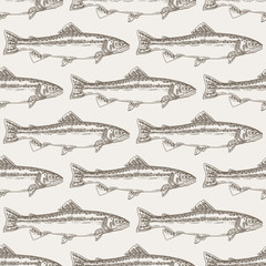 Hand drawn trout fish seamless background. Vector illustration