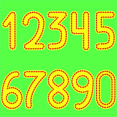 yellow numbers from 0 to 9, stitched red thread on light green background