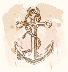 Hand drawn anchor on vintage background. Vector sketch © J_ka