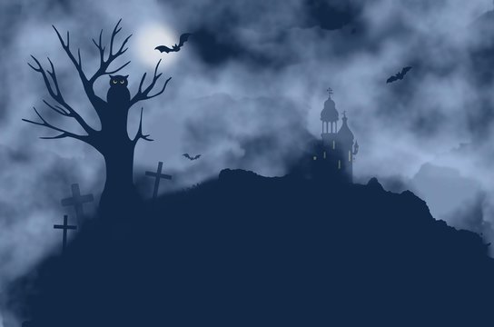 Tree, bats, owl, castle and moon on a foggy night