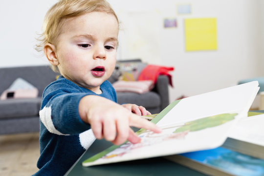 Boy pointing at book