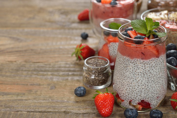 Chia pudding with strawberries and blueberries
