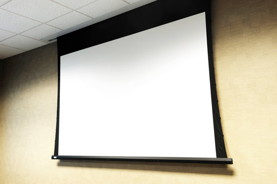 Projector White Screen Hanging On The Wall