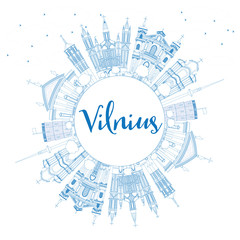 Outline Vilnius Skyline with Blue Landmarks and Copy Space.