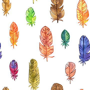 vector seamless pattern with watercolor feathers