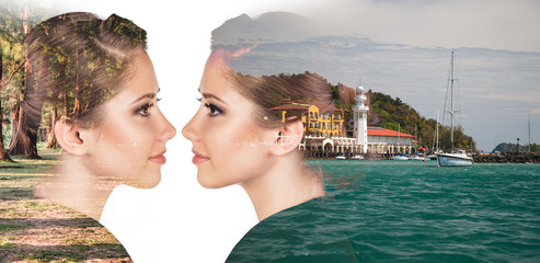 Double exposure of woman and seacoast