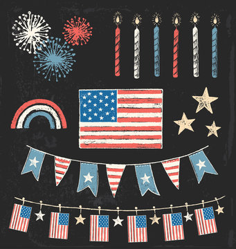 Fourth of July Party Vintage Chalk Vector Set