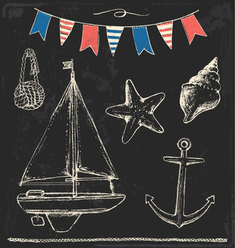 Nautical Sailboat Vintage Chalk Vector Set