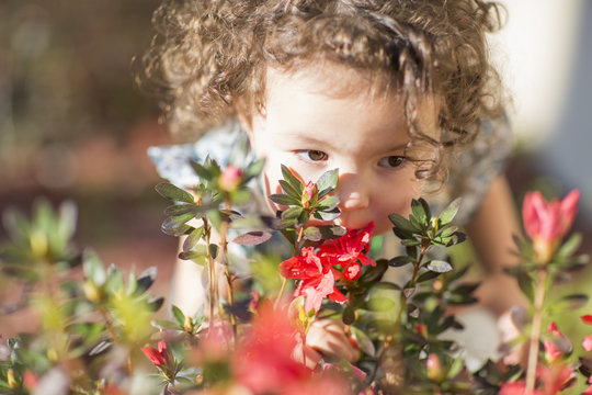 Young girl, smelling flowers, outdoors