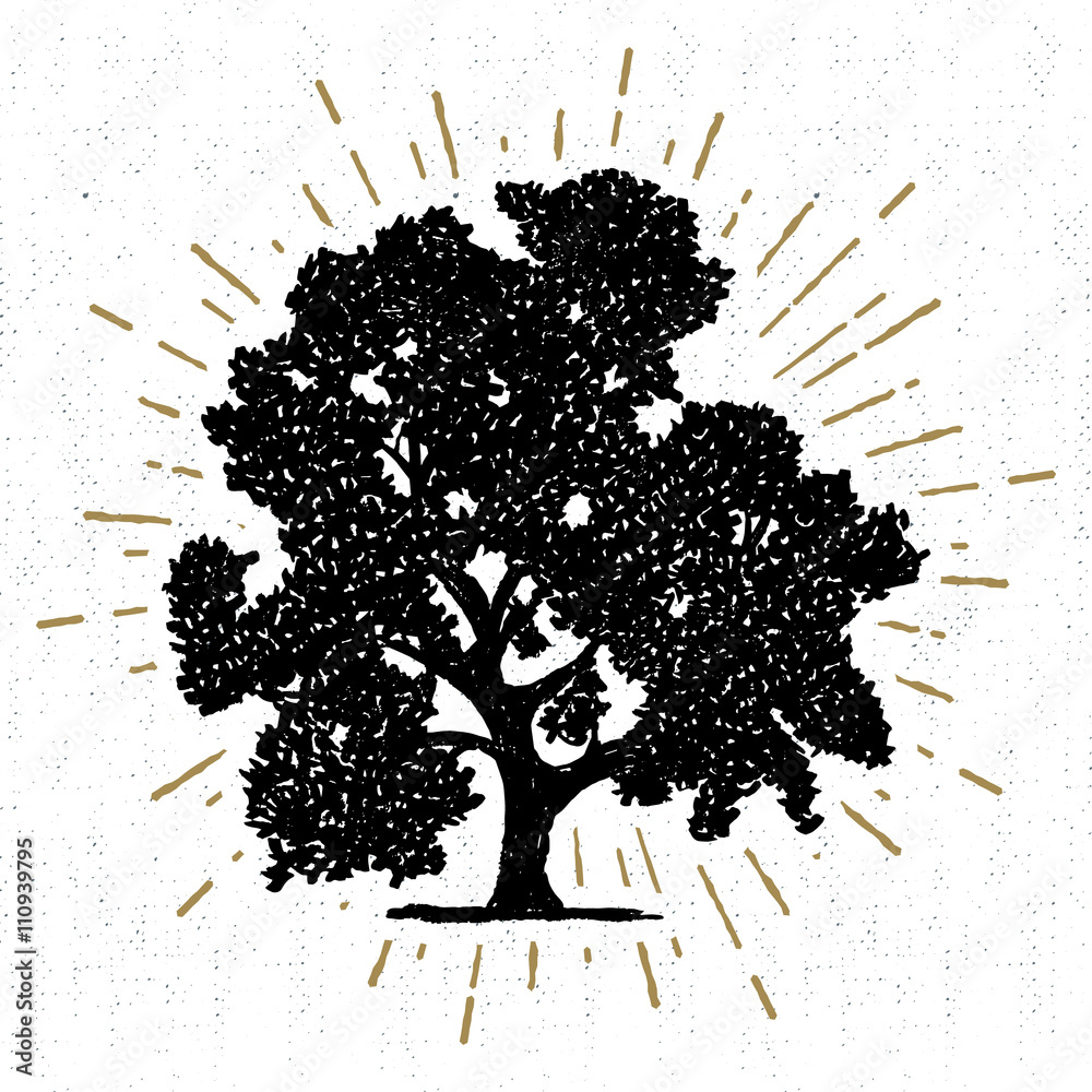 Wall mural hand drawn icon with a textured oak tree vector illustration.