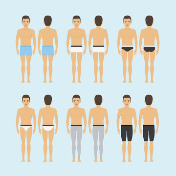 Mens underwear. Young man in different types of underwear vector illustration