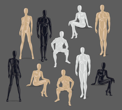 Vector Isolated Mannequins. Different poses and colurs male and female mannequin icons. 