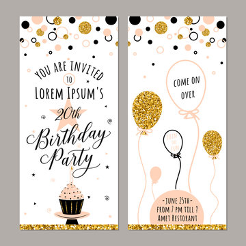 Vector illustration of birthday invitation. Face and back sides. Party background with cupcake, ballon and gold sparkles. Golden elements poster. Vertical banner