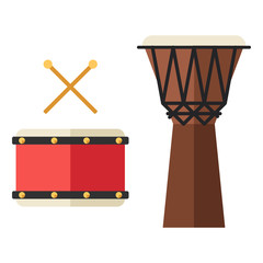 Fototapeta na wymiar Drum and djembe, african percussion, handmade wooden drum. Flat style vector musical instruments isolated on white