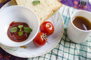 healthy raw vegetables tomatoes soup with green black tea