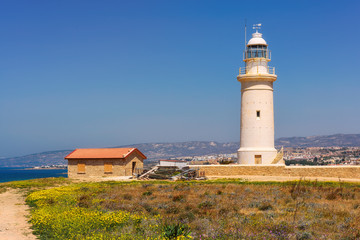Fototapeta na wymiar Cyprus Paphos Lighthouse on Mediterranean coast in Archeological site