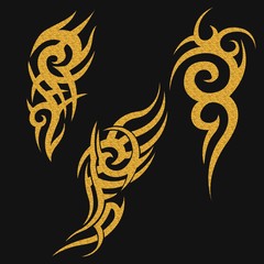 Gold tribal tattoo on a dark background . Gold illustration without transparency.