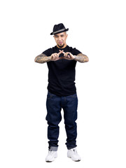 smiling young man gesturing while standing on white.