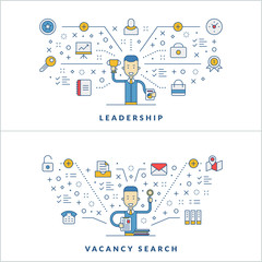 Leadership. Vacancy search. Flat line icons and businessman cartoon character. Business concept. Vector thin line illustration for website banner template or header