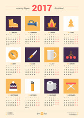 Calendar Design Template for 2017 Year. Week starts Monday. Stationery Design. Vector Calendar Poster with Travel Icons. Travel and Hiking Concept