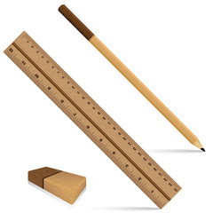 Pencil ruler and eraser on a wooden design. Ruler and pencil with eraser for wooden texture isolated on white background. Object tool.