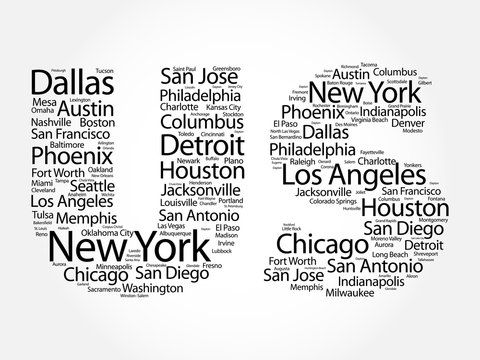 US letters with cities names word cloud, concept background