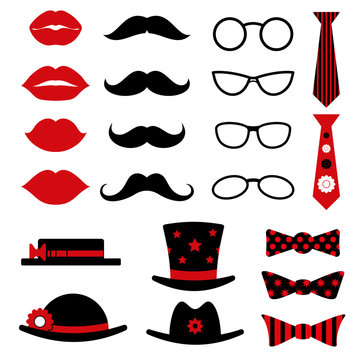 Photo booth birthday and party vector set with lips, mustaches, glasses, hats and bow tie. Photo booth for masquerade, mustache and glasses photo booth accessory illustration