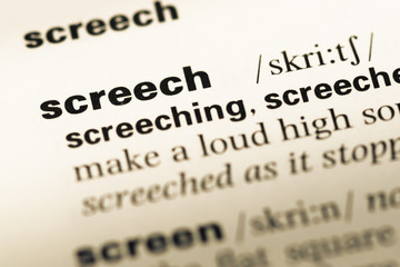 Close up of old English dictionary page with word screech