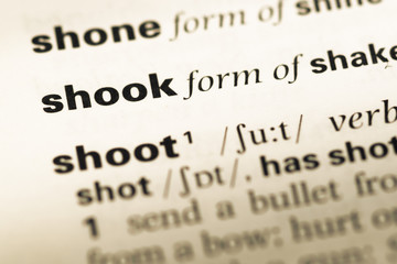 Fototapeta premium Close up of old English dictionary page with word shook