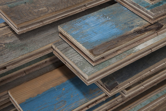 Stacks of treated wood flooring in factory, Jiangsu, China