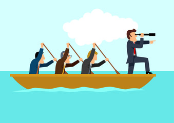 Simple cartoon of businessmen rowing the boat