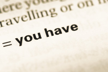 Close up of old English dictionary page with word you have