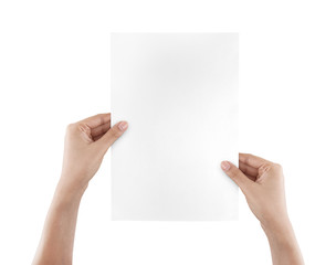 Hands holding paper isolated on white