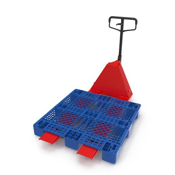 Red pallet jack with a blue plastic pallet isolated on white 3D Illustration