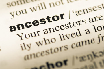 Close up of old English dictionary page with word ancestor