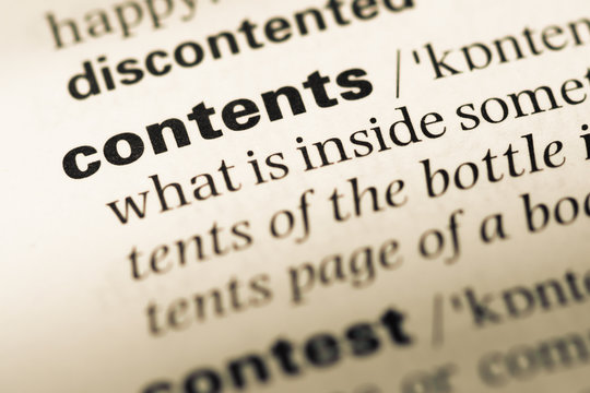 Close up of old English dictionary page with word contents