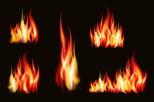 Fire flame strokes realistic isolated on black background illustration